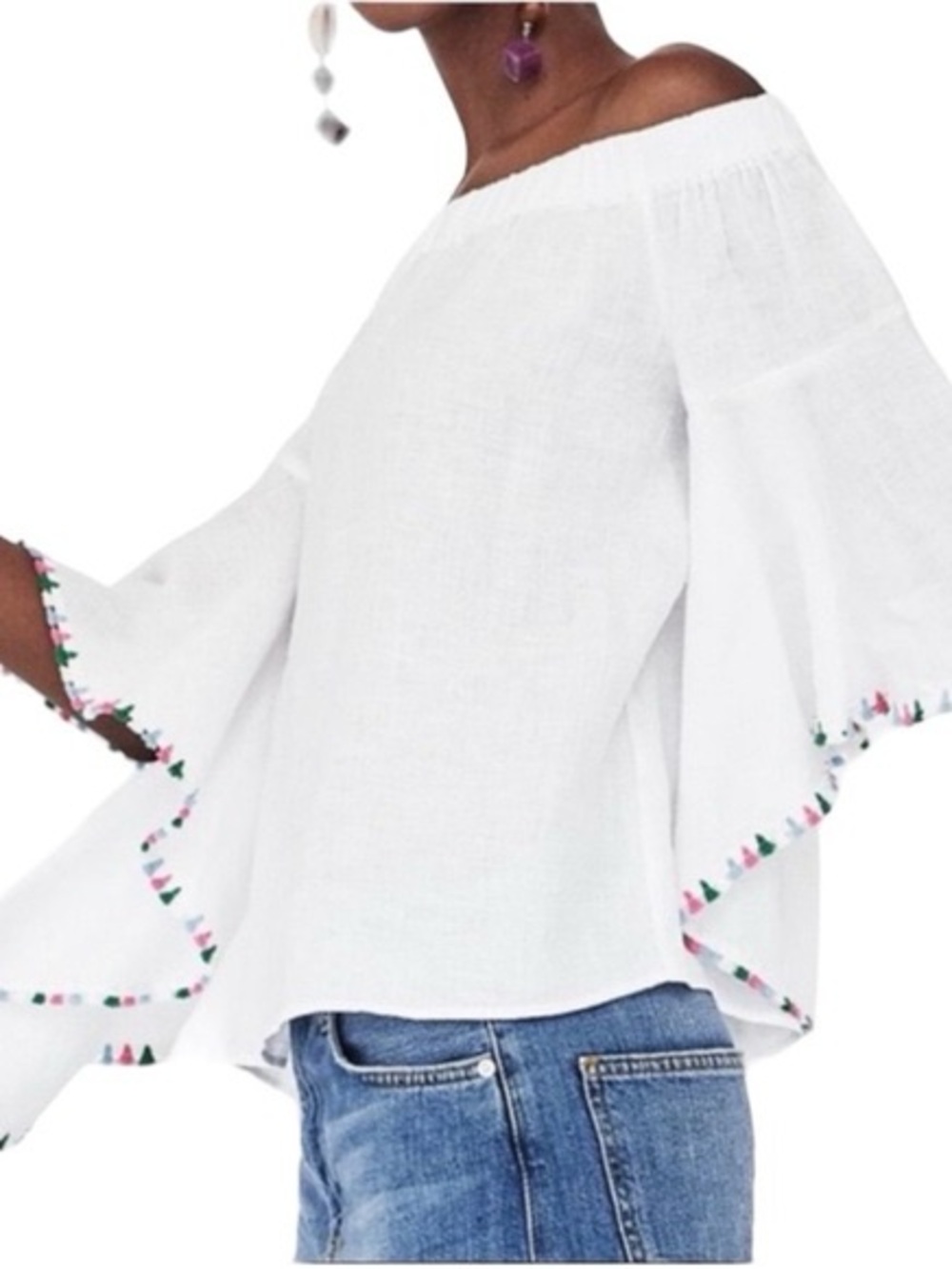Zara White 100% Linen Off the shoulder Pom-Pom Sleeve Blouse Size Medium Like Ne